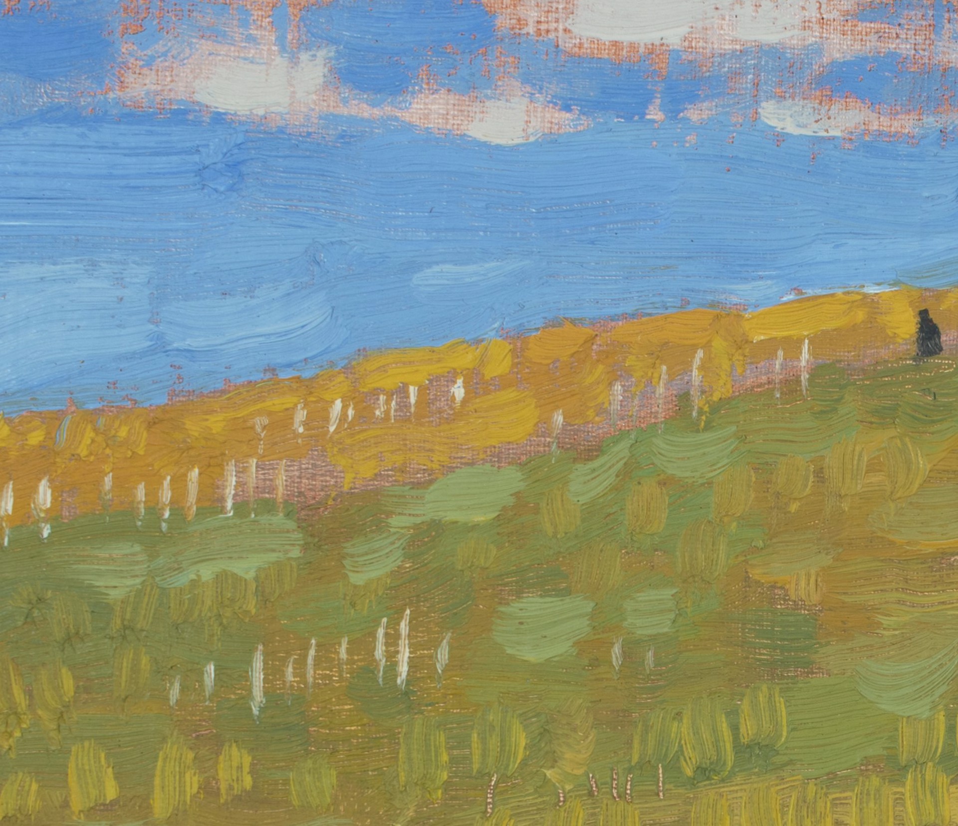 A textured landscape painting of a rolling hill under a blue sky.