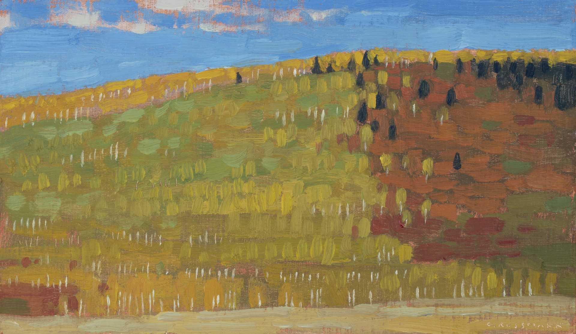 A textured landscape painting of a rolling hill under a blue sky.