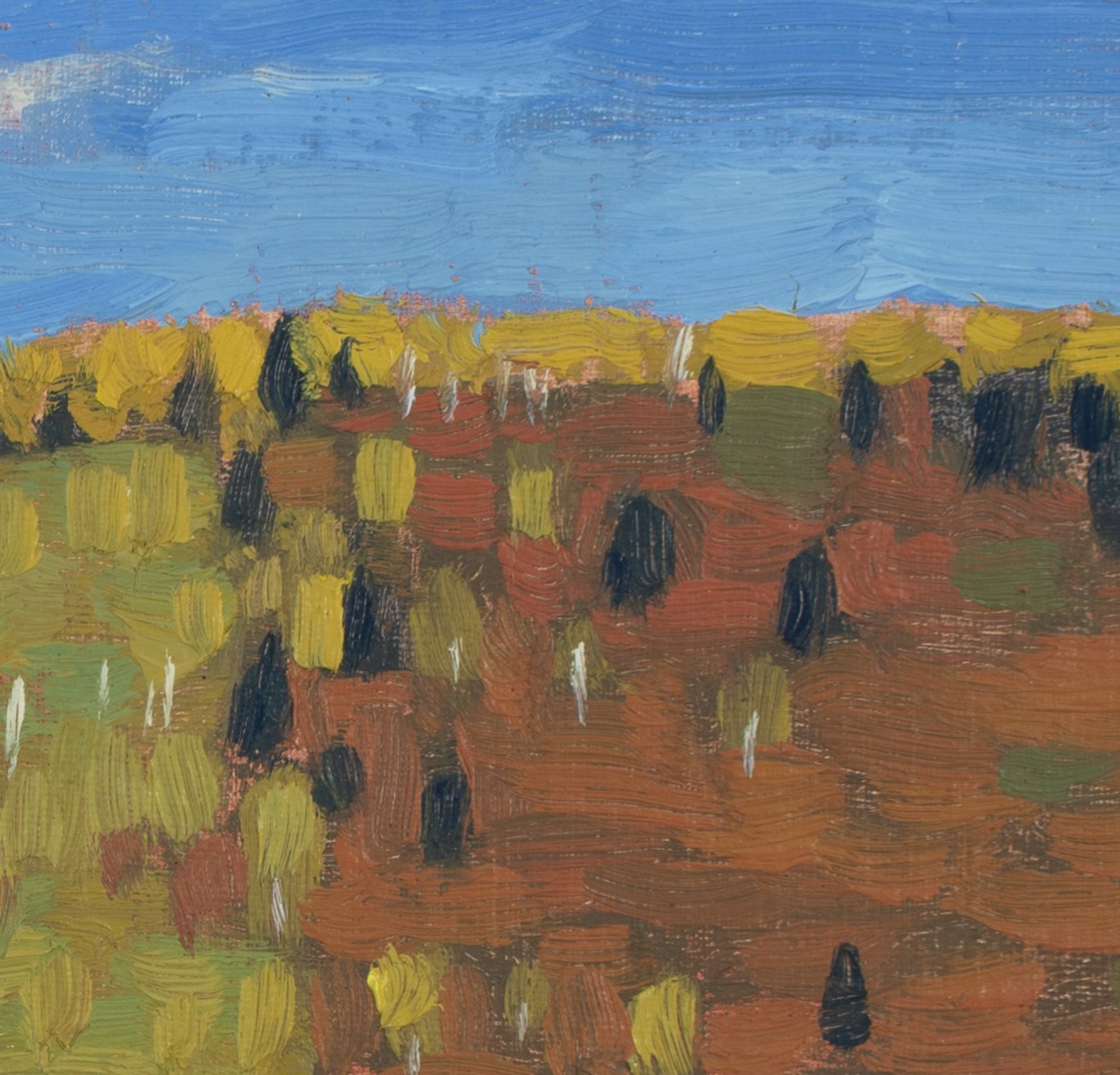 A textured landscape painting of a rolling hill under a blue sky.