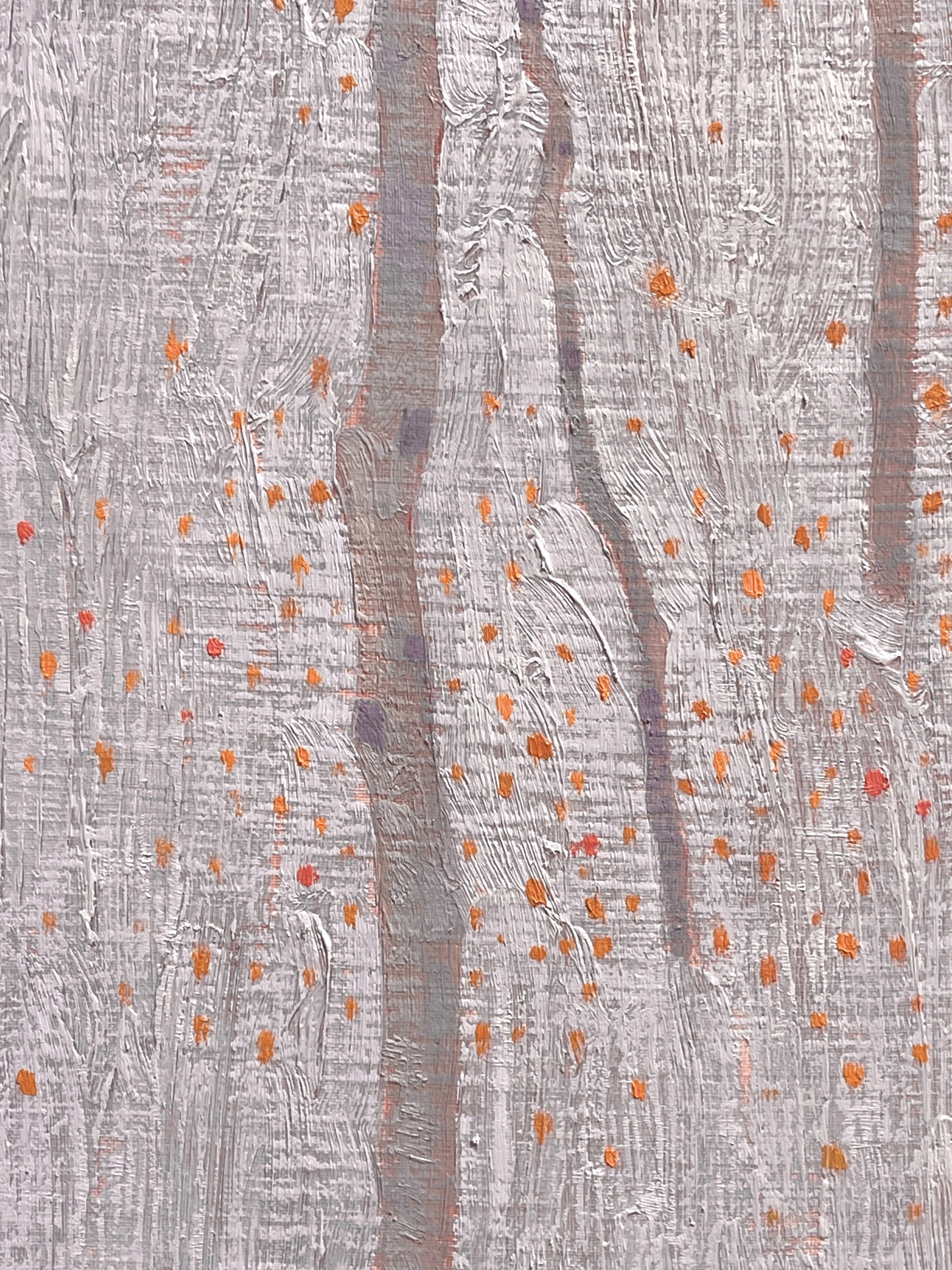 A painting of a forest with trees in the background.