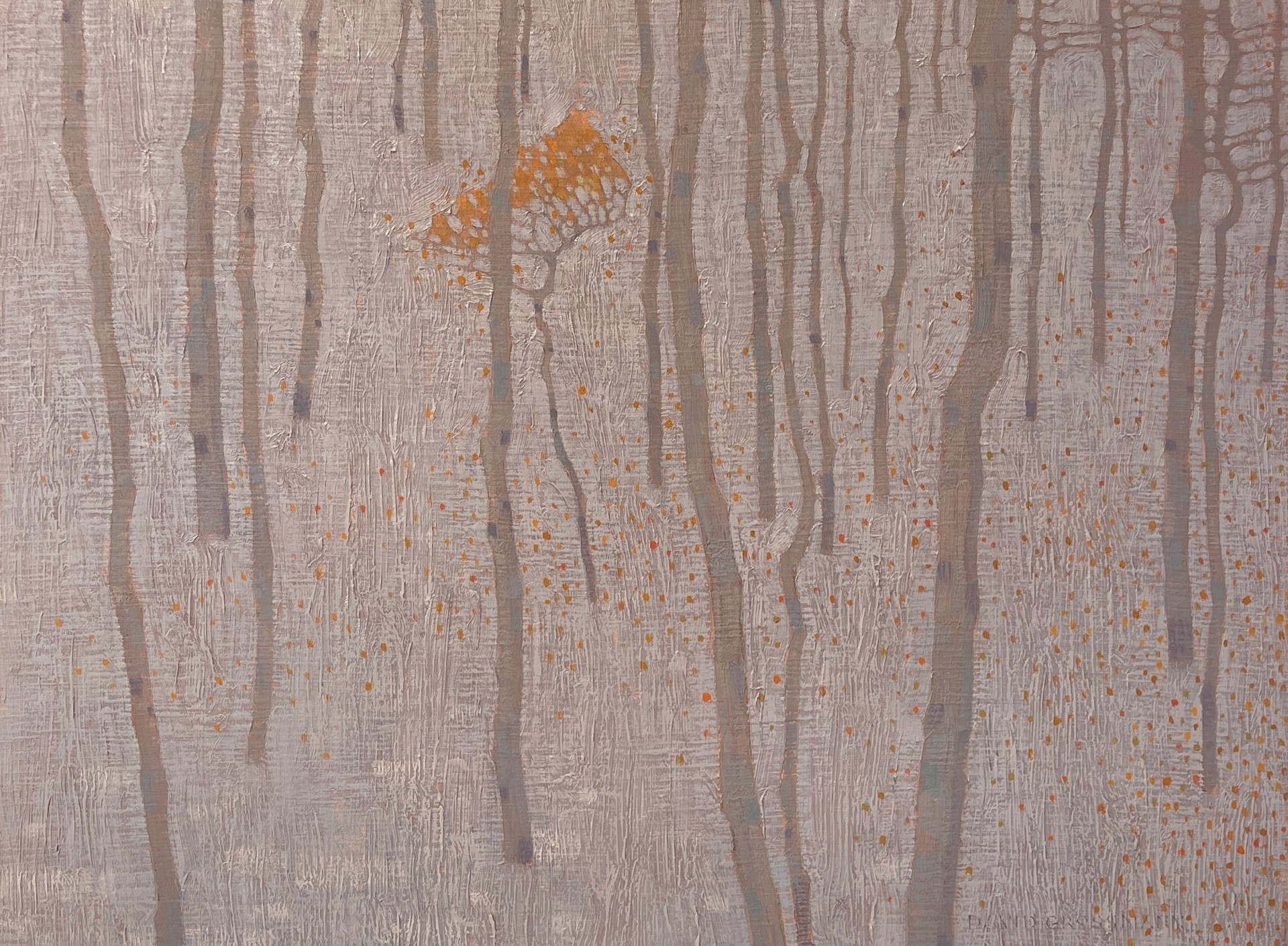 A painting of a forest with trees in the background.
