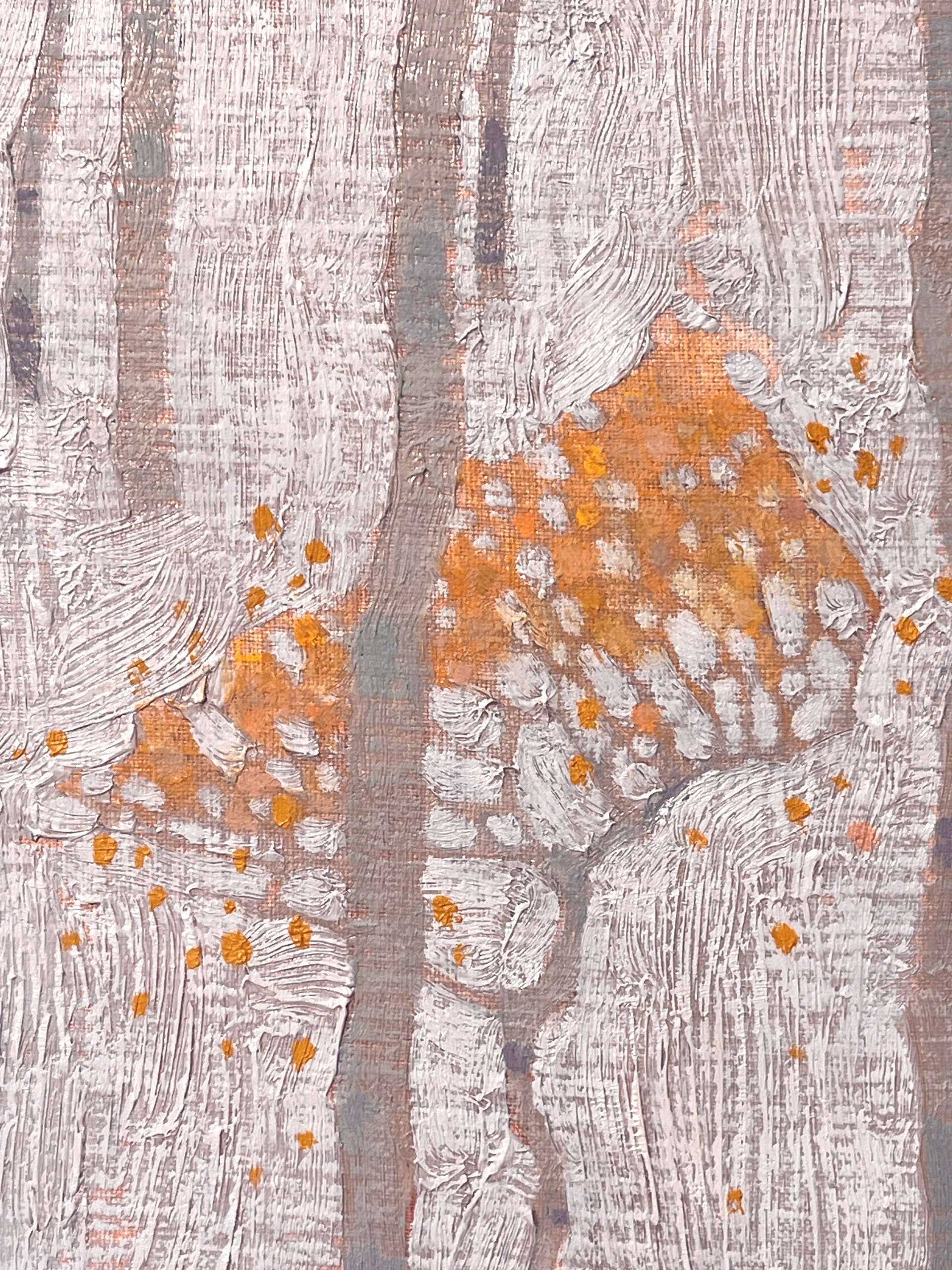 A painting of a forest with trees in the background.
