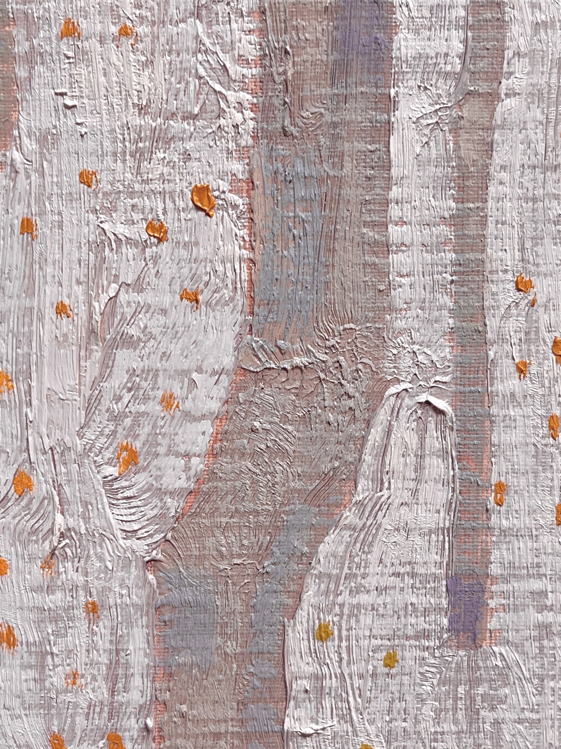 A painting of a forest with trees in the background.