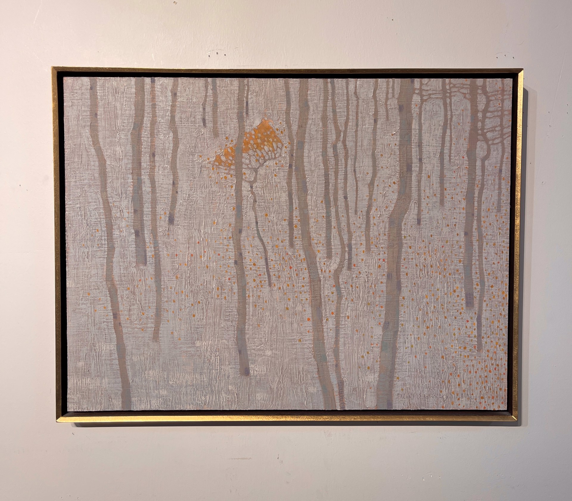 A painting of a forest with trees in the background.