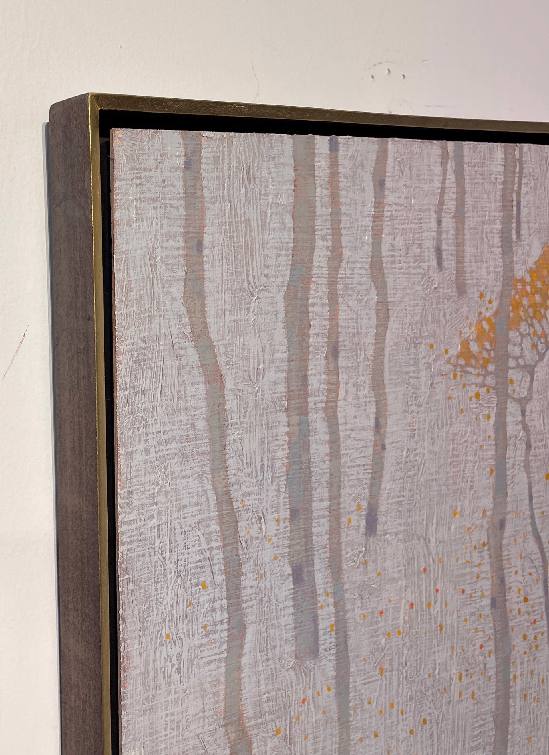 A painting of a forest with trees in the background.