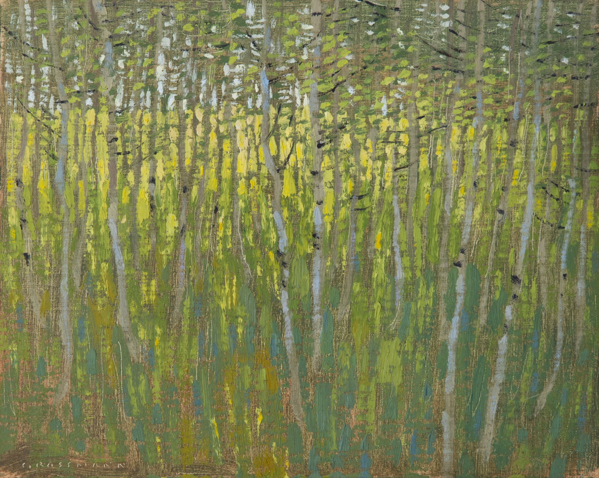 A painting of a forest with trees in the background.