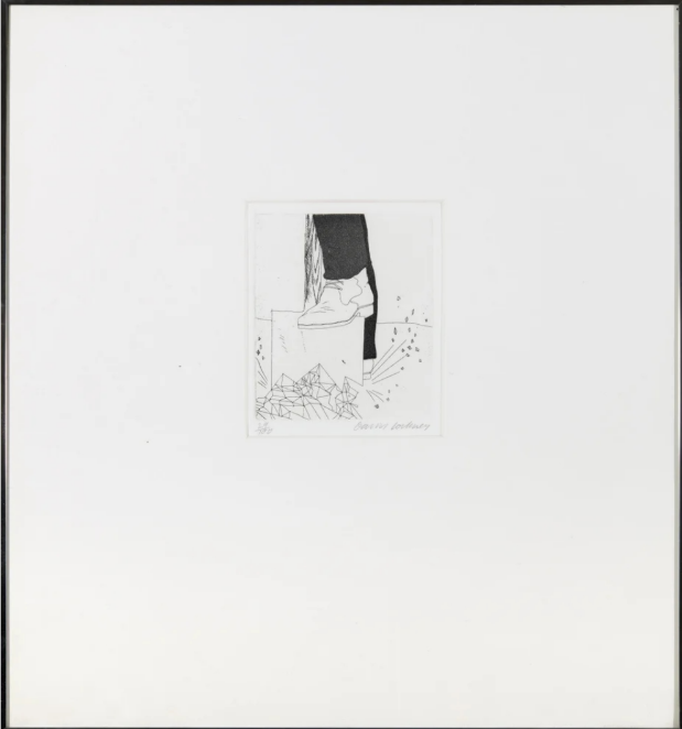 A monochromatic etching of a boot stepping on a shattered surface.