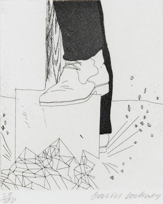 A monochromatic etching of a boot stepping on a shattered surface.