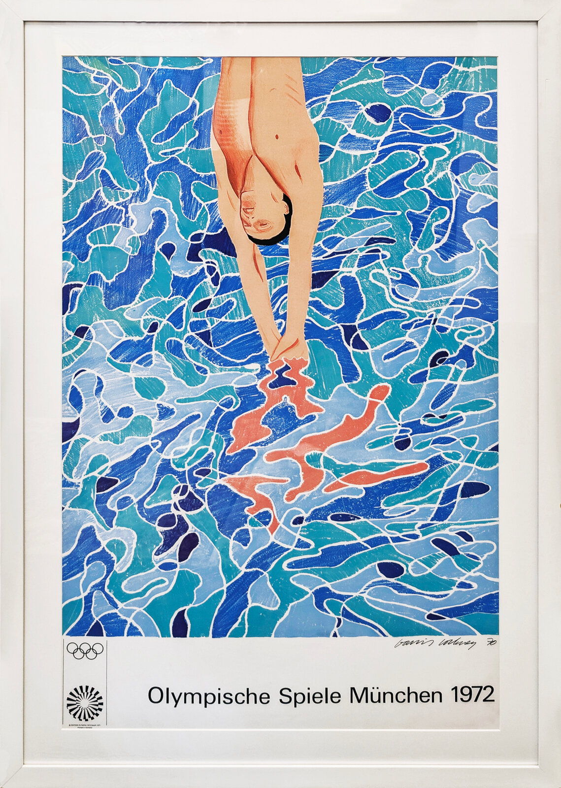 A graphic poster of a figure diving into stylized water.