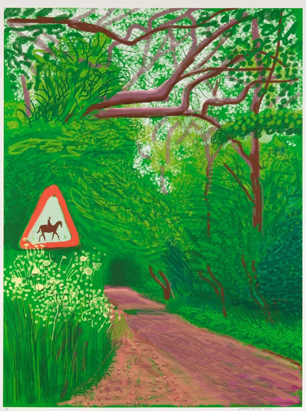 A stylized forest path with a horse crossing sign and vibrant green foliage.