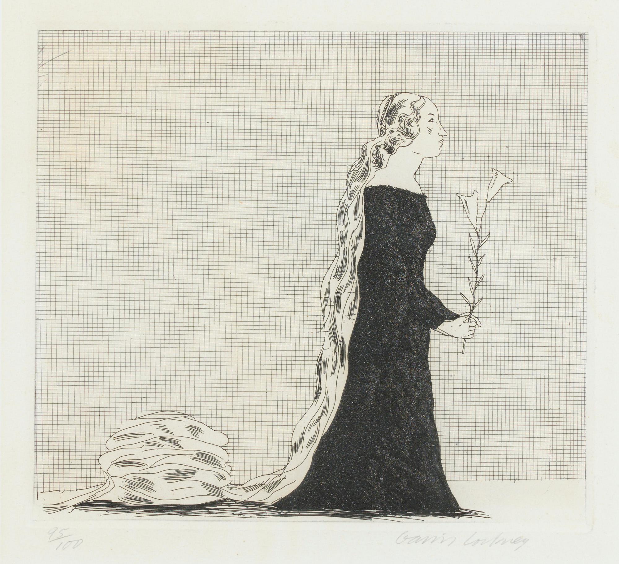 A black and white drawing of a woman in a long dress holding a flower.