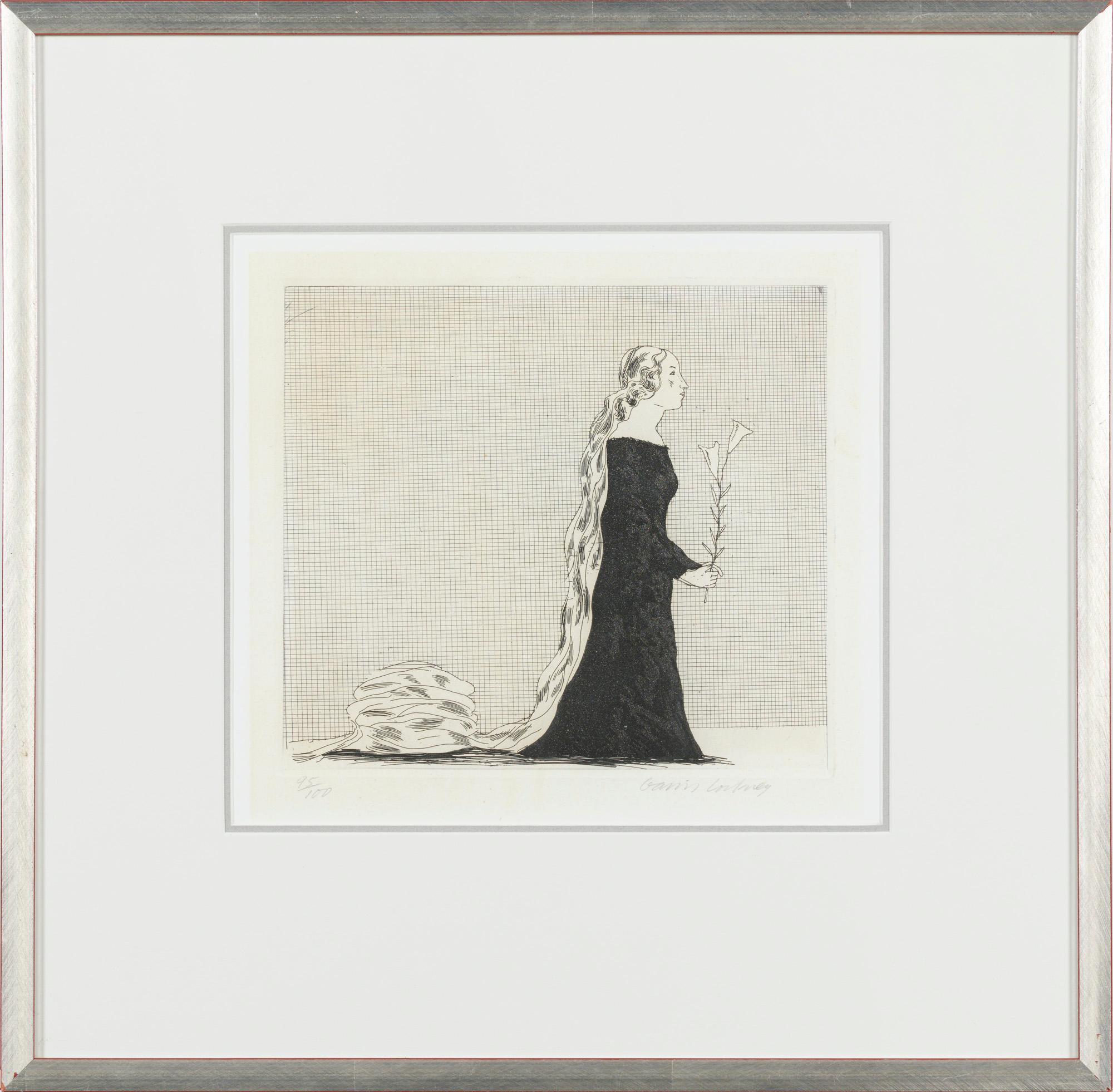 A black and white drawing of a woman in a long dress holding a flower.