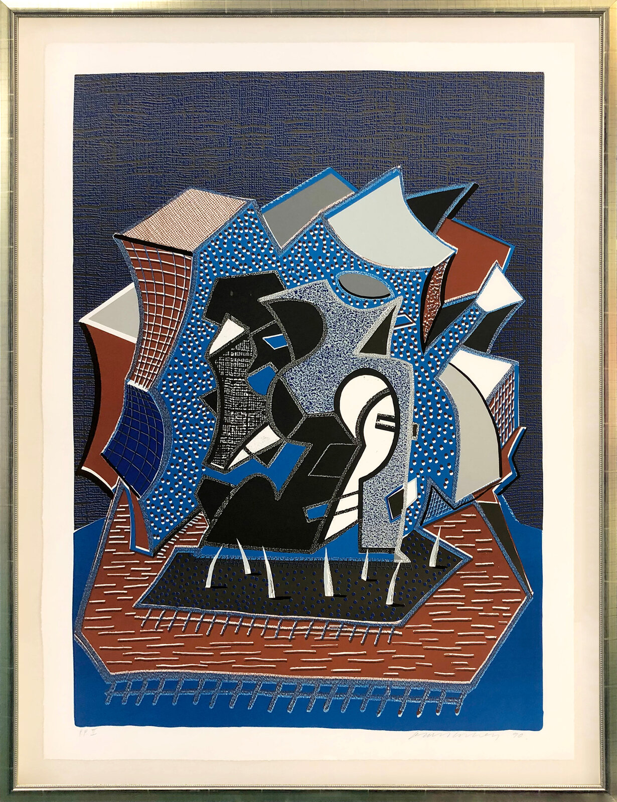 A vibrant graphic print of a geometric composition with a central figure surrounded by abstract shapes.