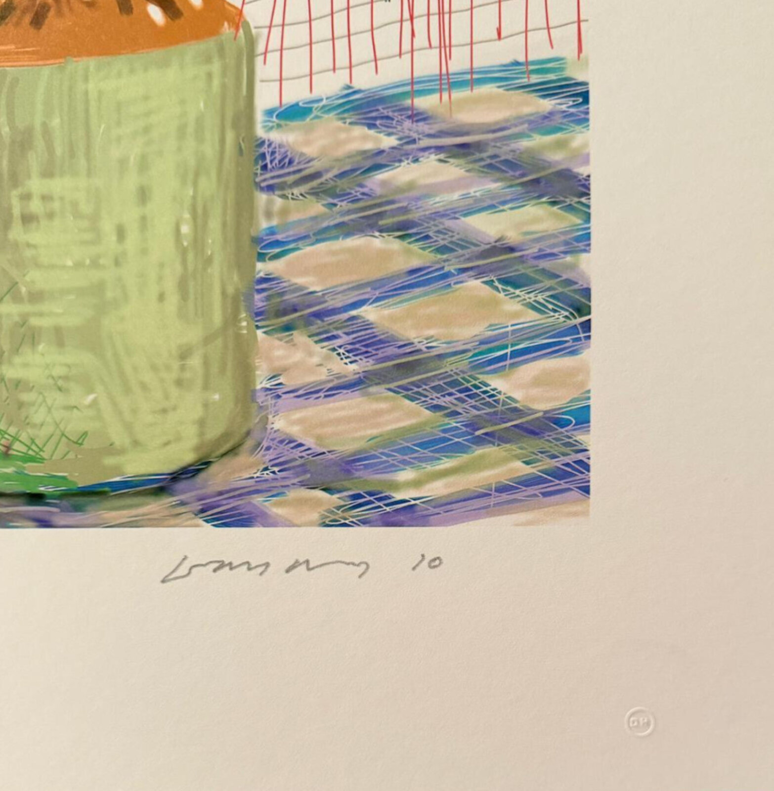 A vibrant still life of a colorful bouquet in a jar against a grid background.