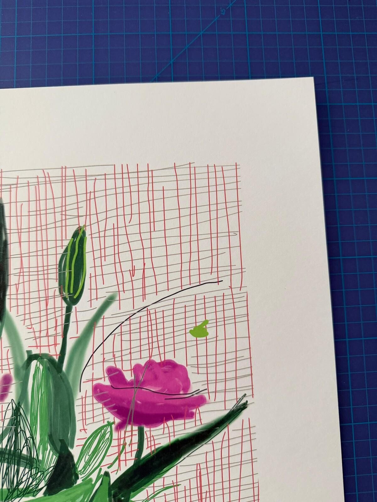 A vibrant still life of a colorful bouquet in a jar against a grid background.