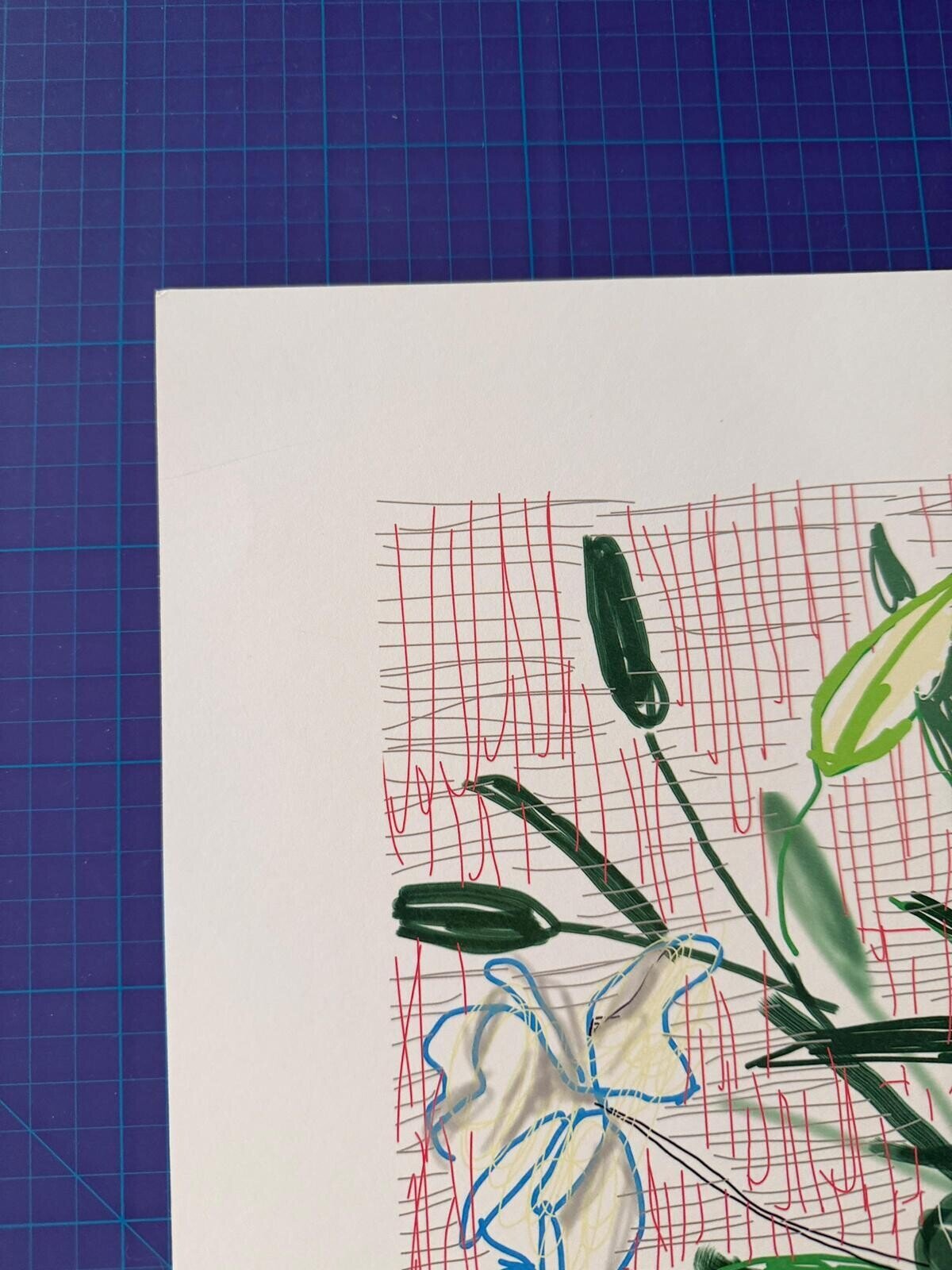 A vibrant still life of a colorful bouquet in a jar against a grid background.
