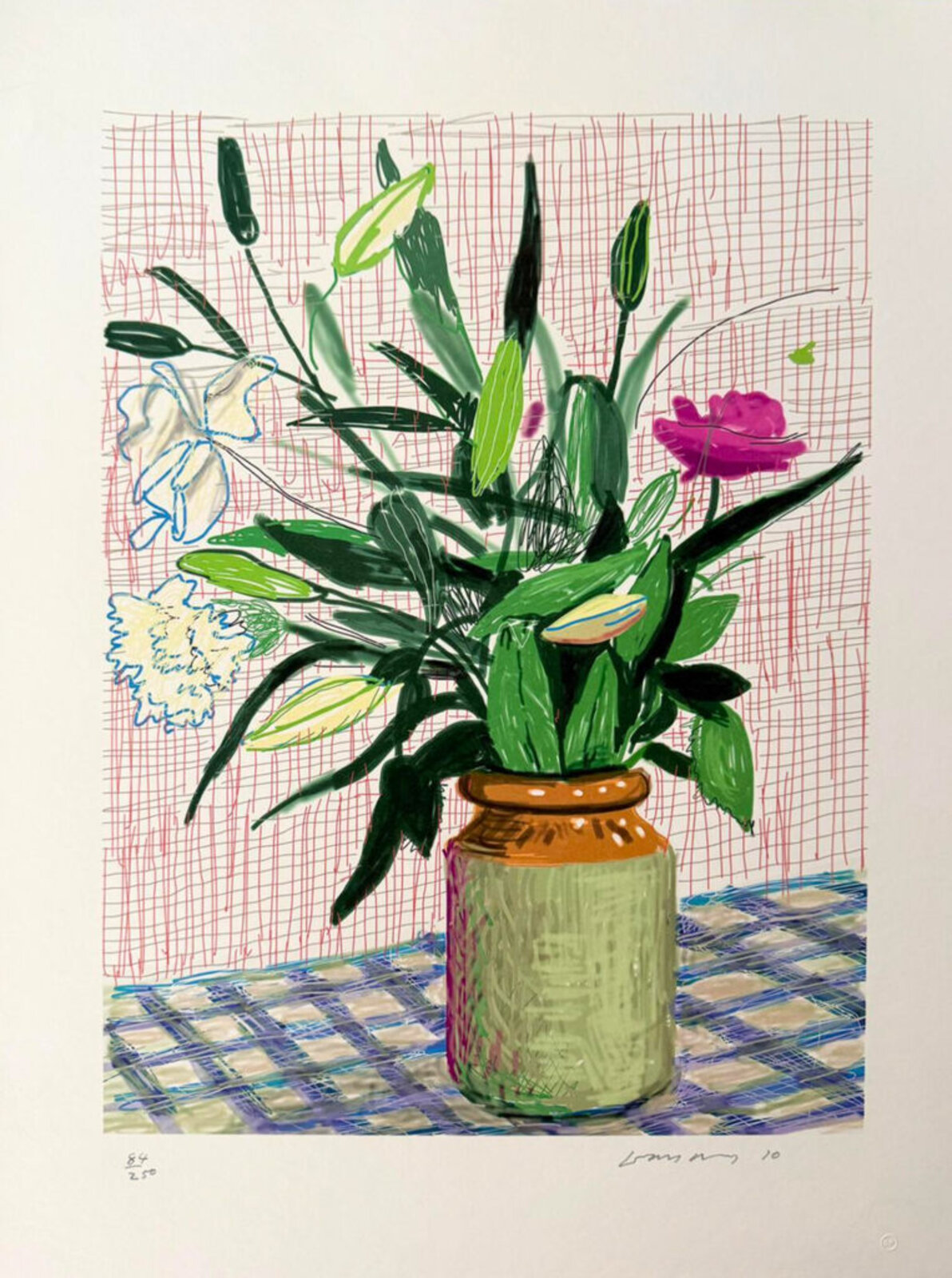 A vibrant still life of a colorful bouquet in a jar against a grid background.