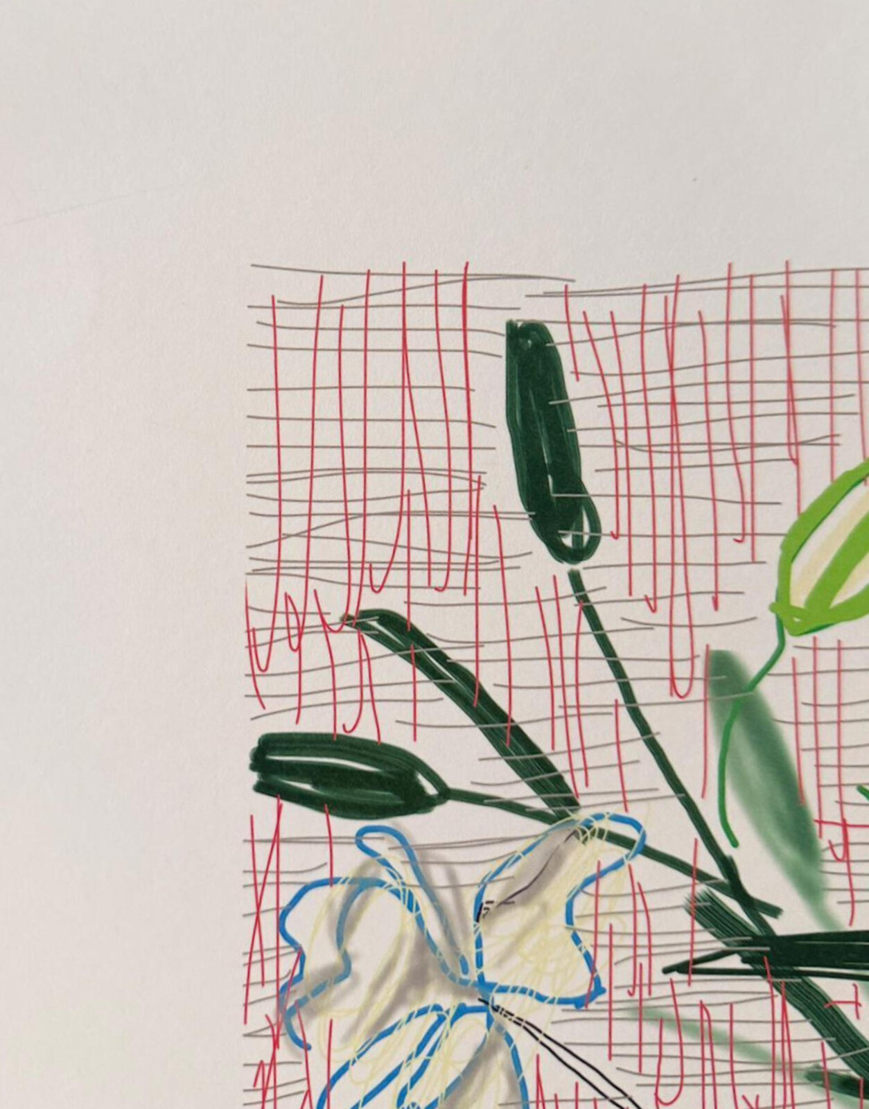 A vibrant still life of a colorful bouquet in a jar against a grid background.