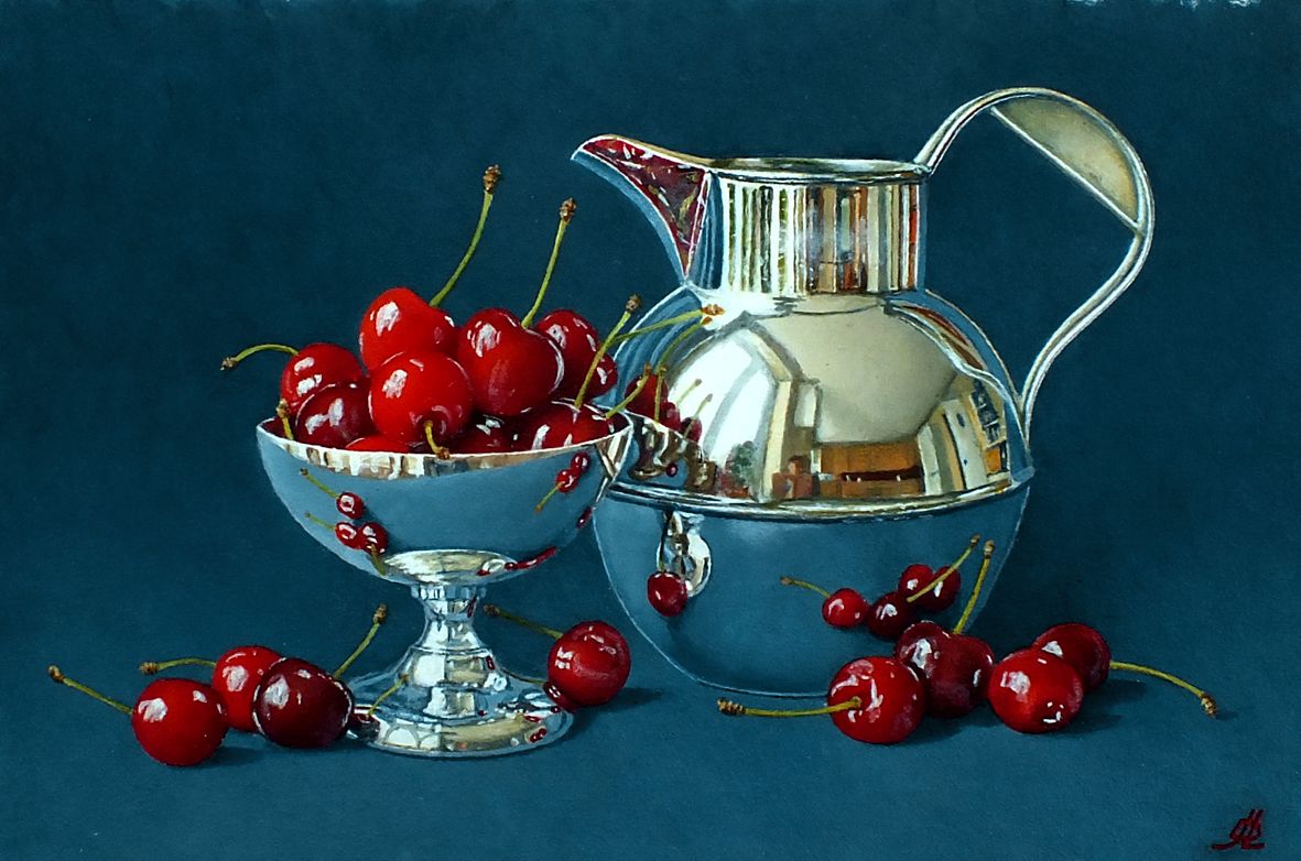 Artwork by David John Leathers, Cherries with a Silver Dish and Jug, Made of Oil on canvas laid on panel 