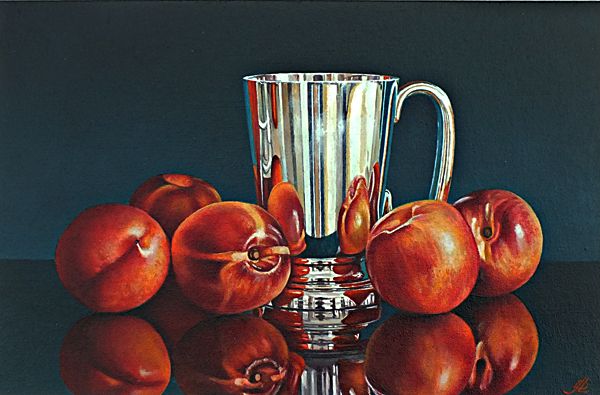 a painting of peaches and a silver cup on a table