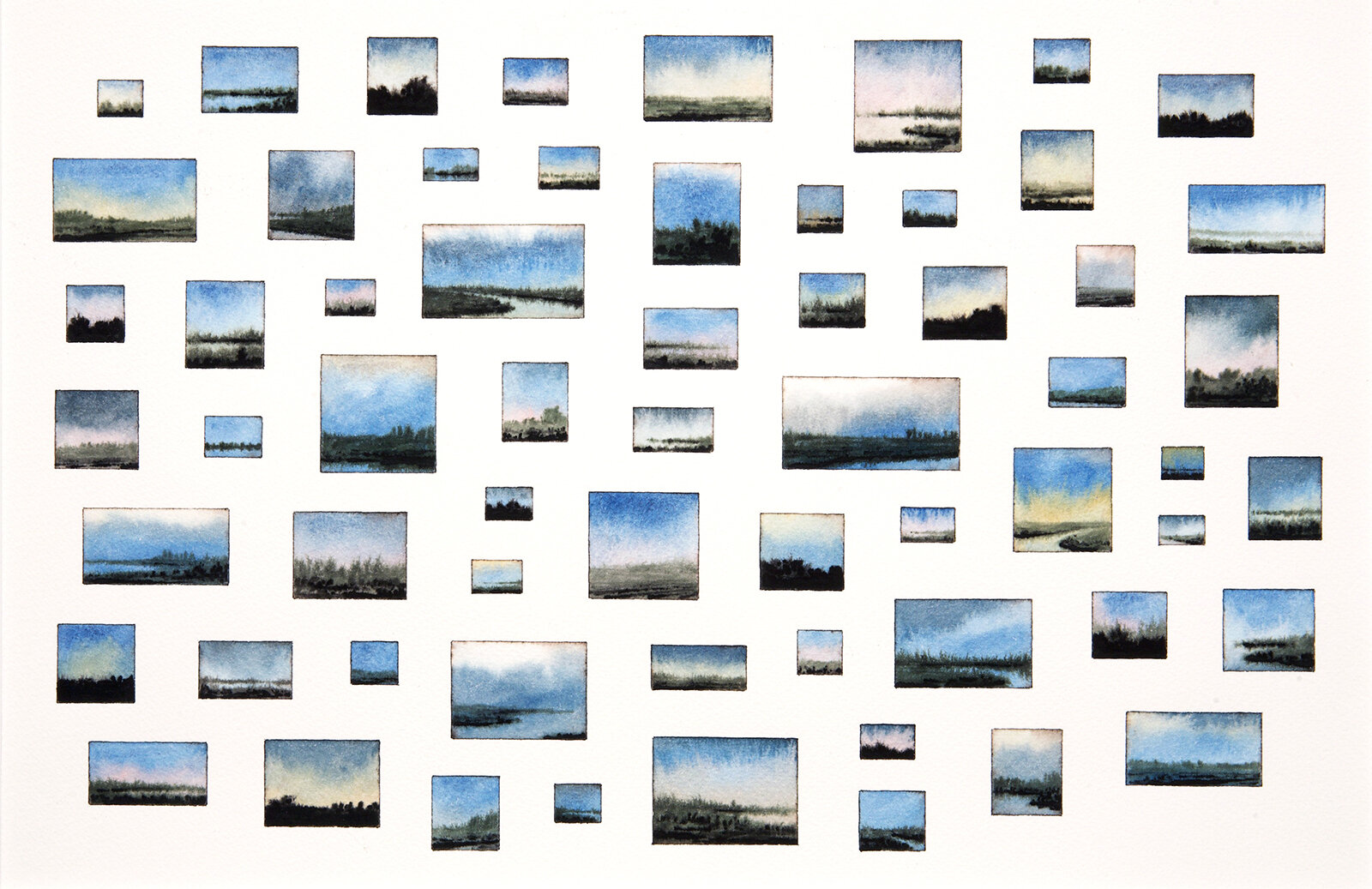 A collage of numerous small watercolor landscape sketches scattered across a white background.