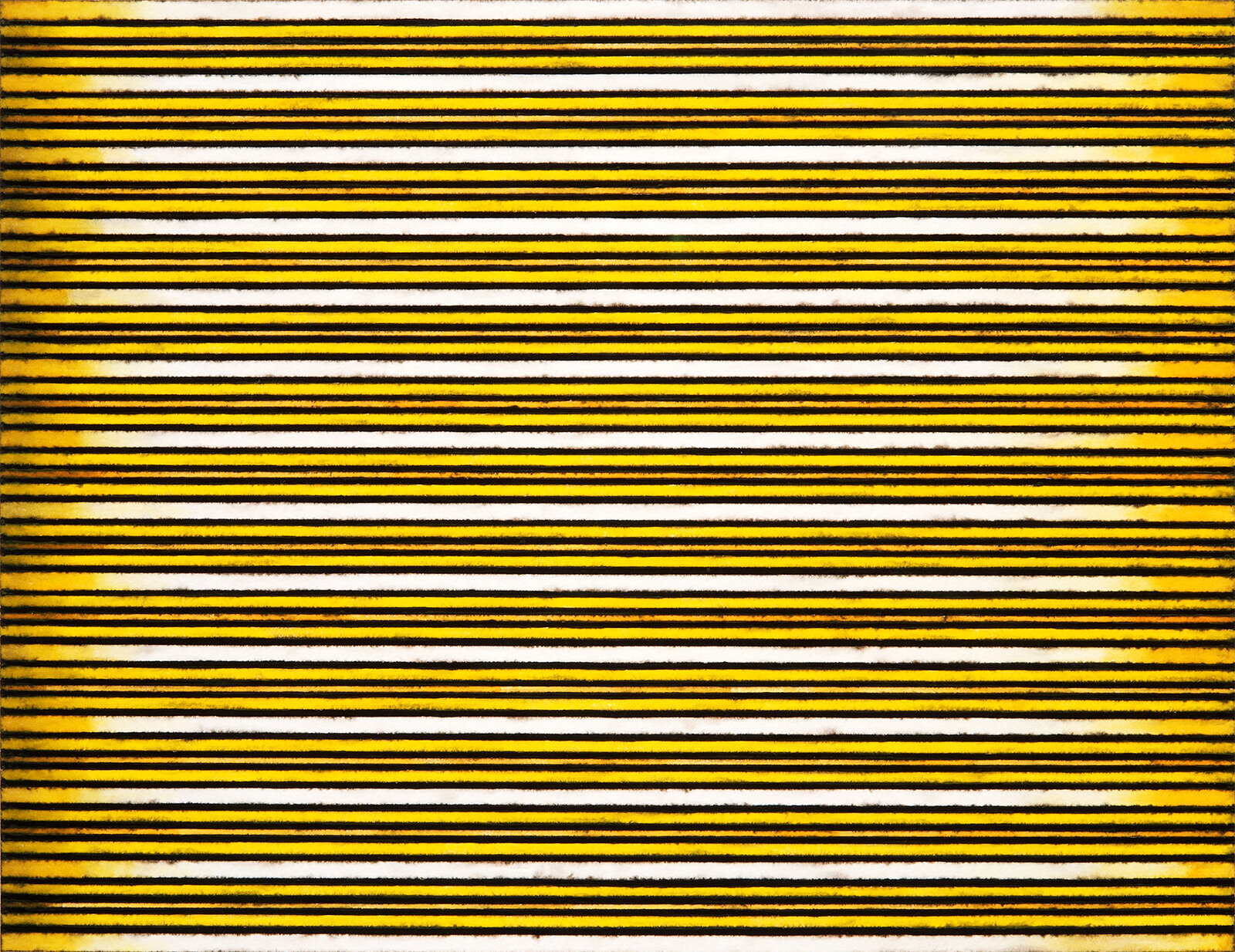 A rhythmic abstract composition of horizontal stripes in yellow, black, and white.