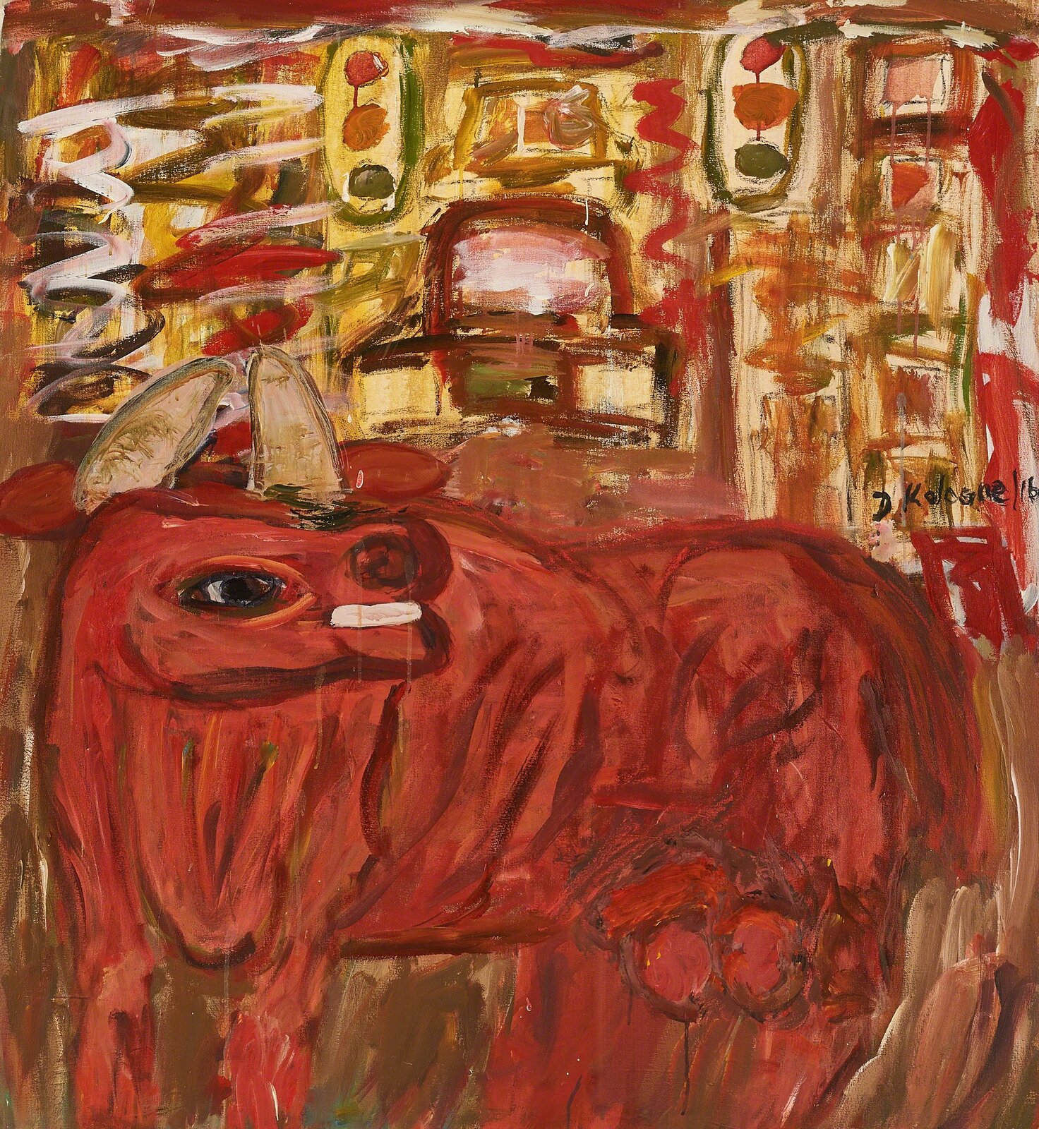 A painting of a red bull in front of a building.