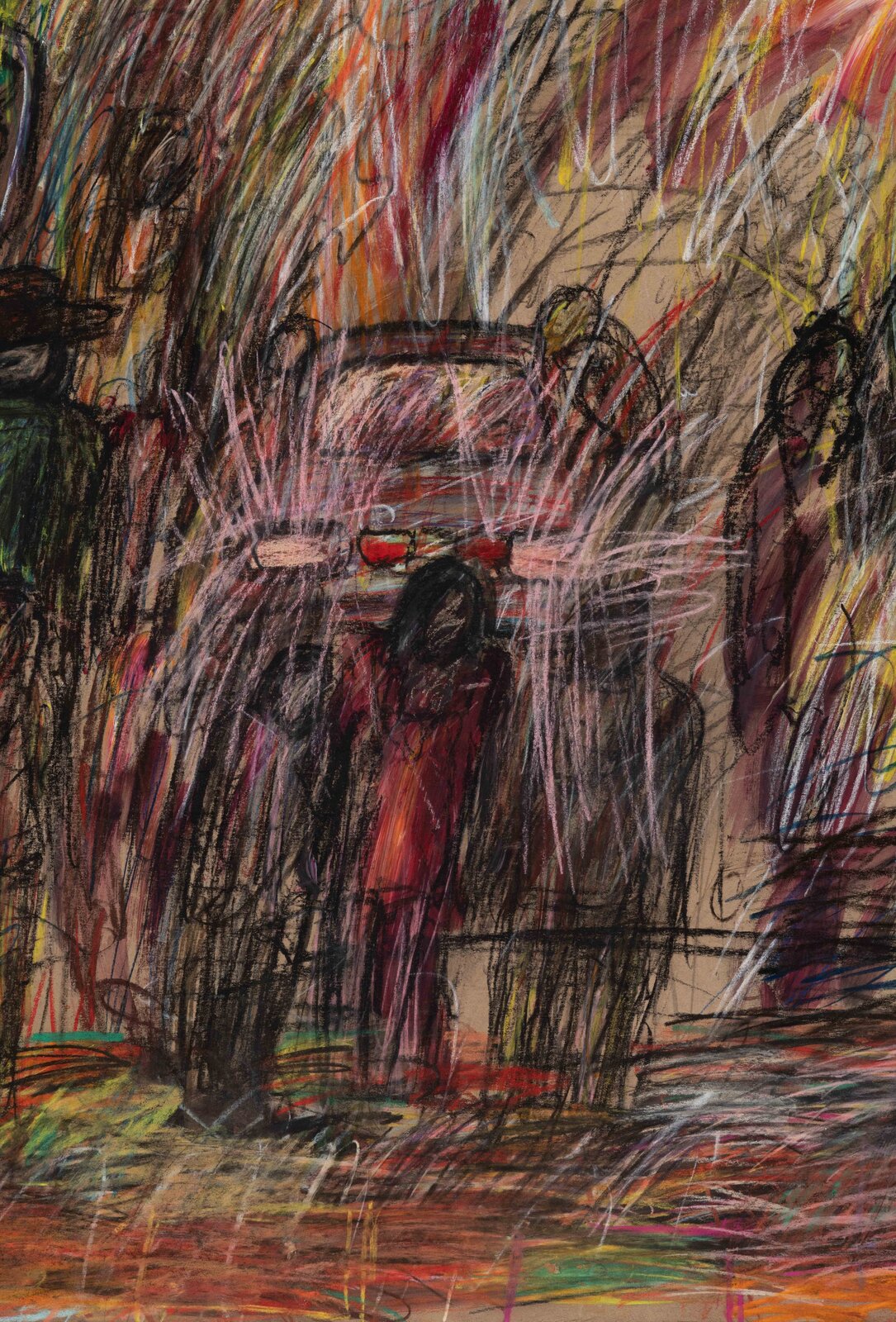 A painting of people walking down a city street.