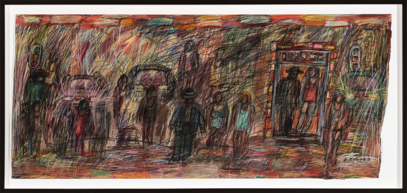 A painting of people walking down a city street.