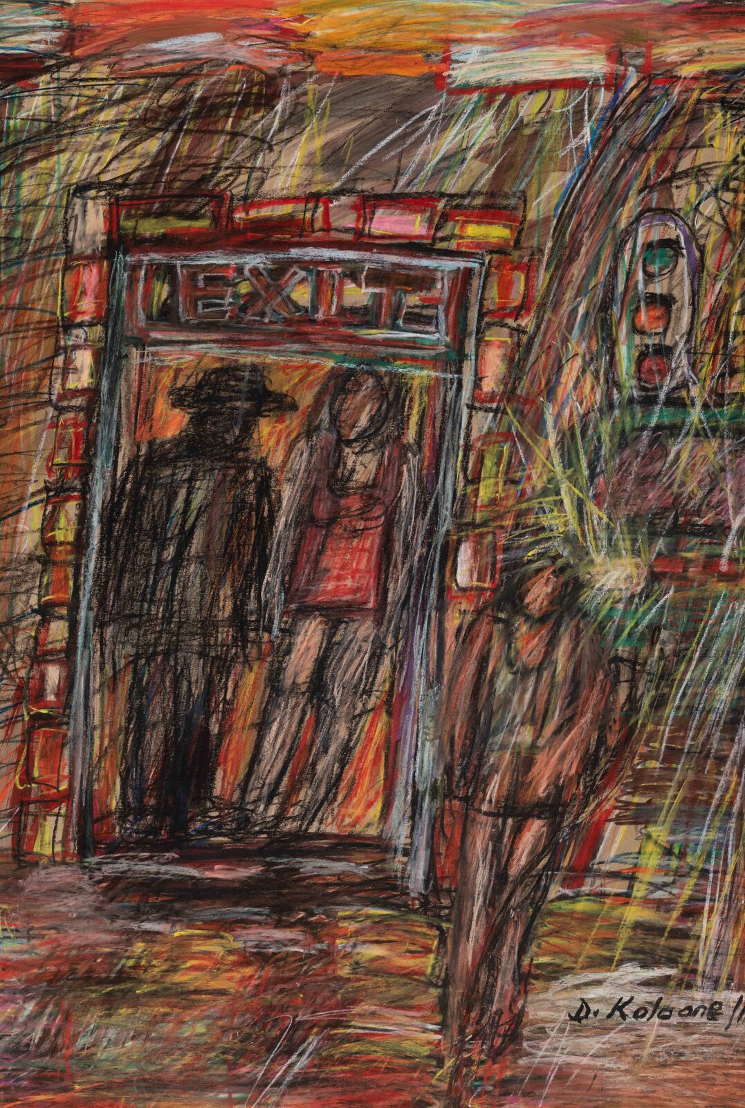 A painting of people walking down a city street.