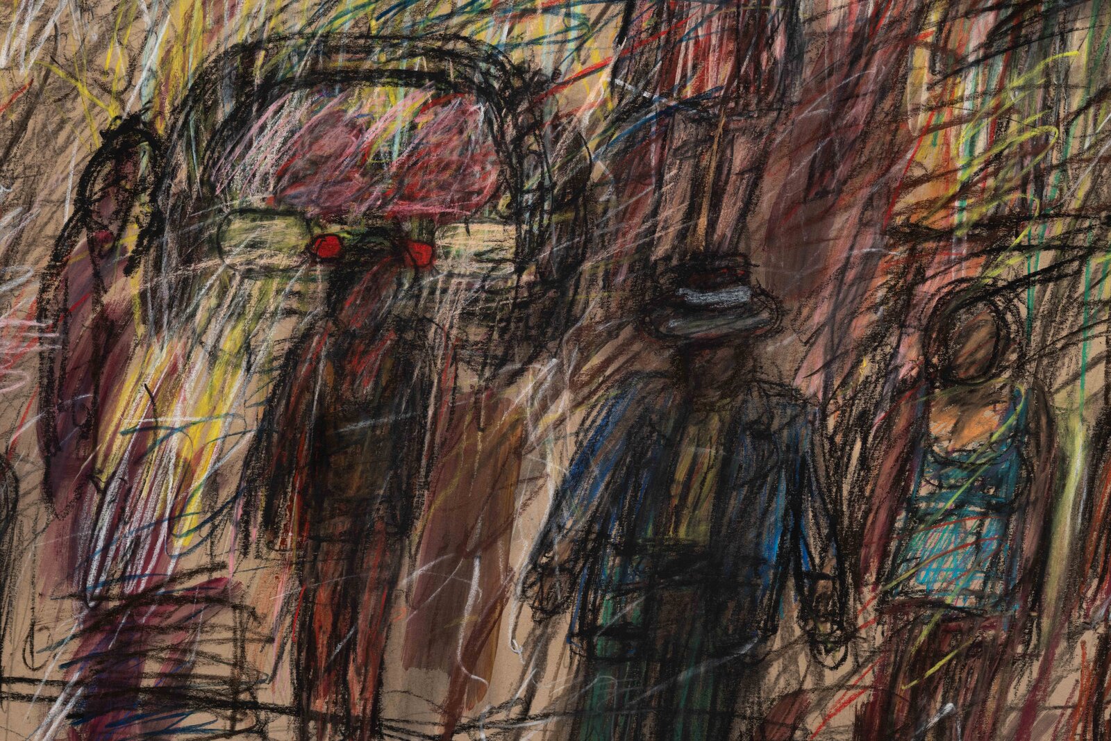 A painting of people walking down a city street.