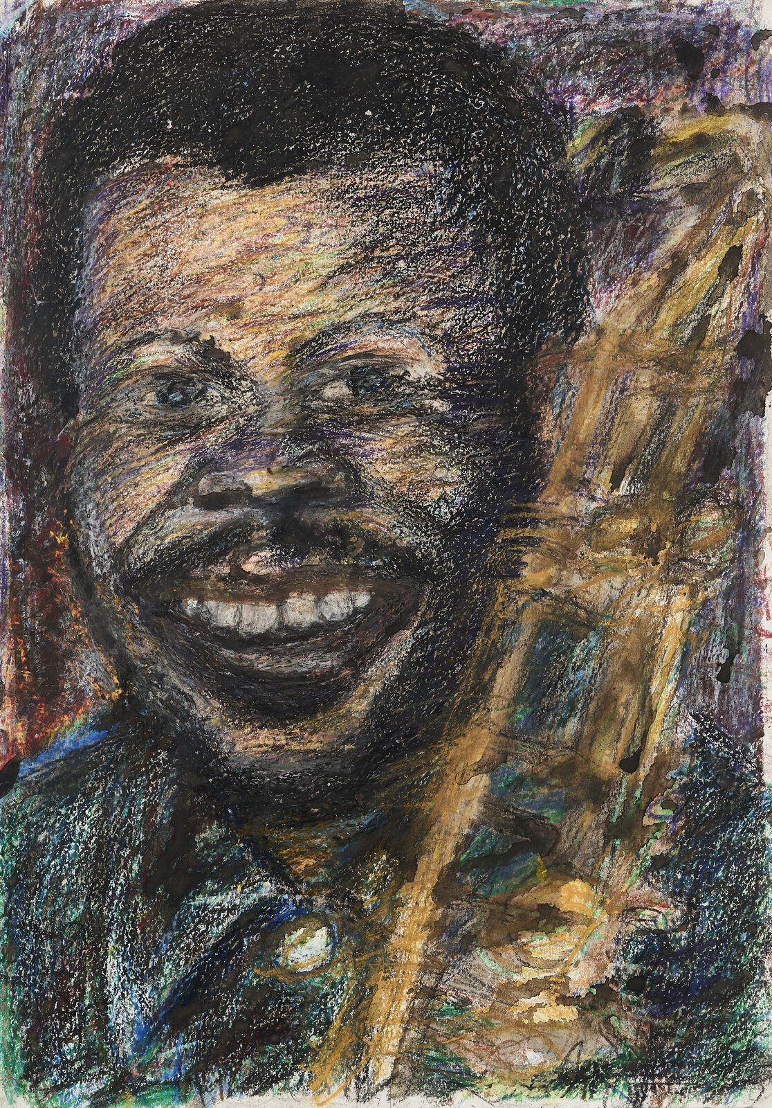 A drawing of a smiling man holding a saxophone.