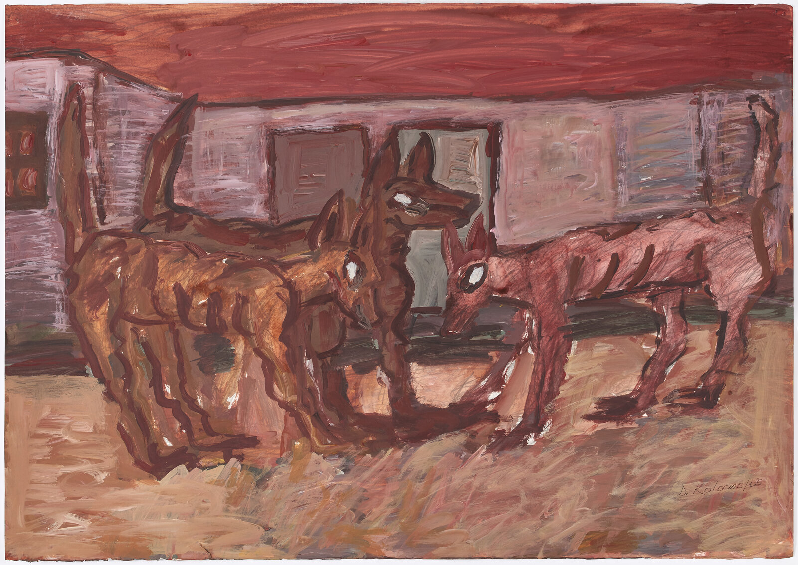 A painting of three donkeys standing in front of a barn.