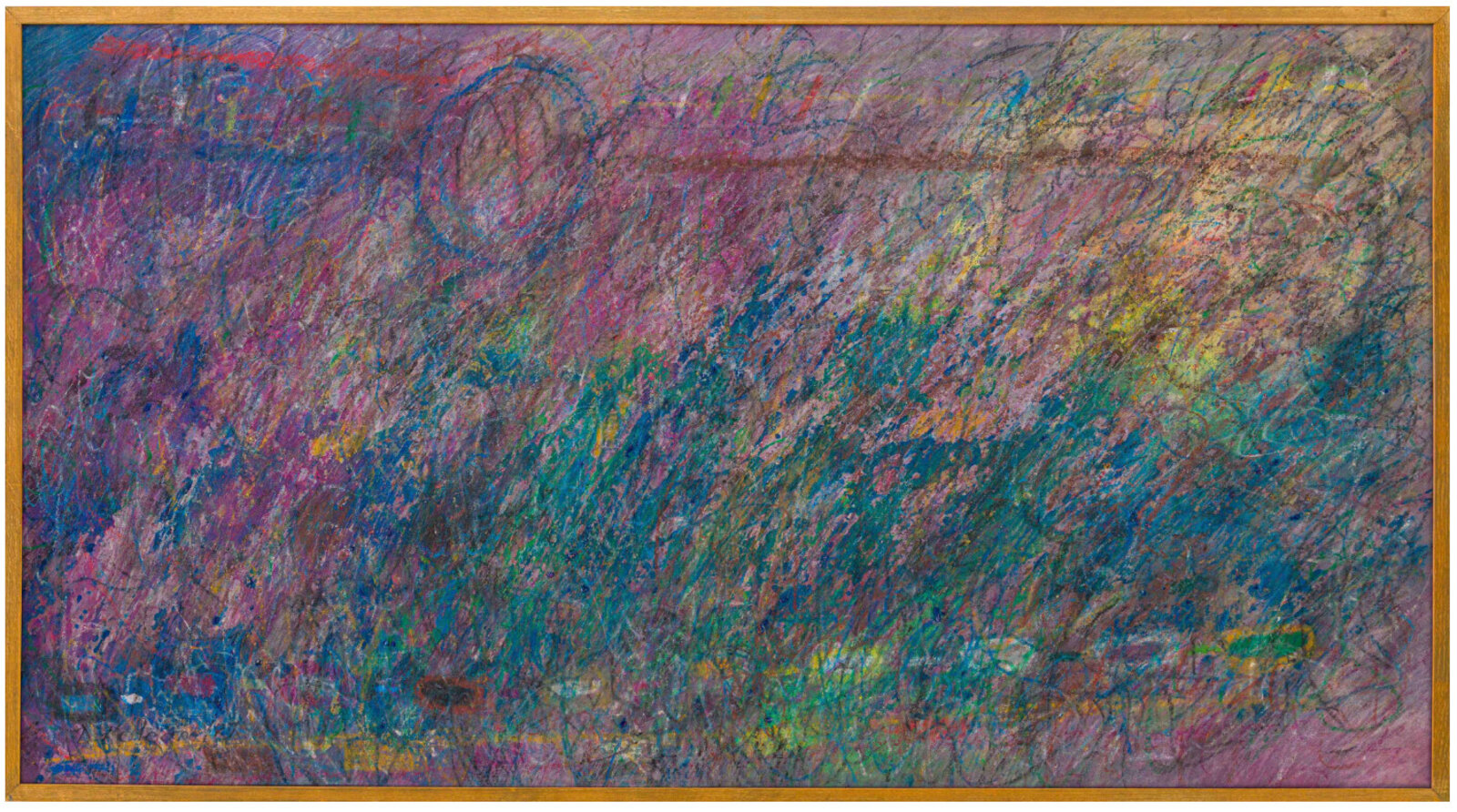 A colorful abstract composition with a light wooden frame.