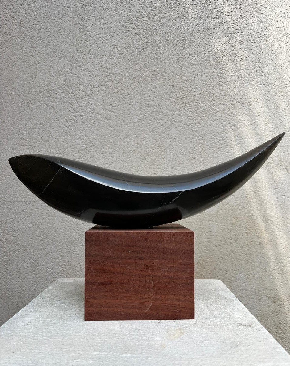 A black sculpture on a wooden block on a white surface.