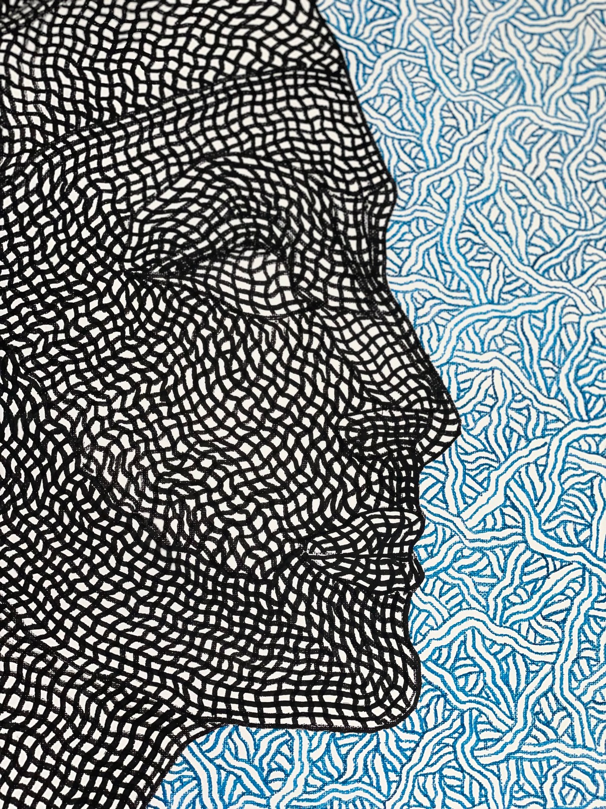 A black and white drawing of a woman's face on a blue background.