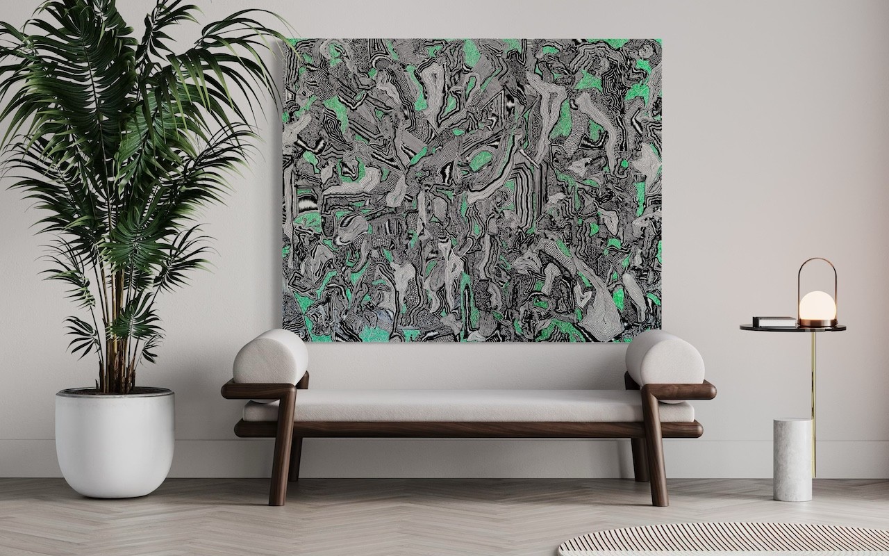 A black and white drawing of a green and black pattern.
