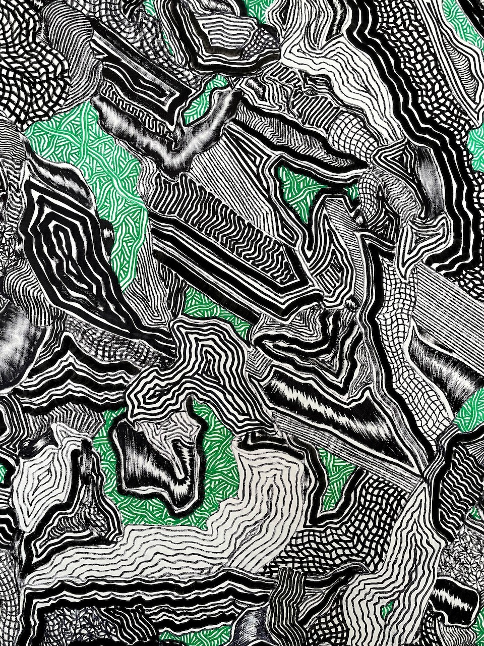A black and white drawing of a green and black pattern.