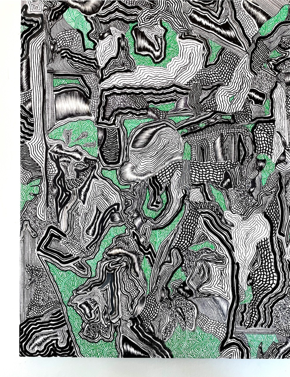 A black and white drawing of a green and black pattern.