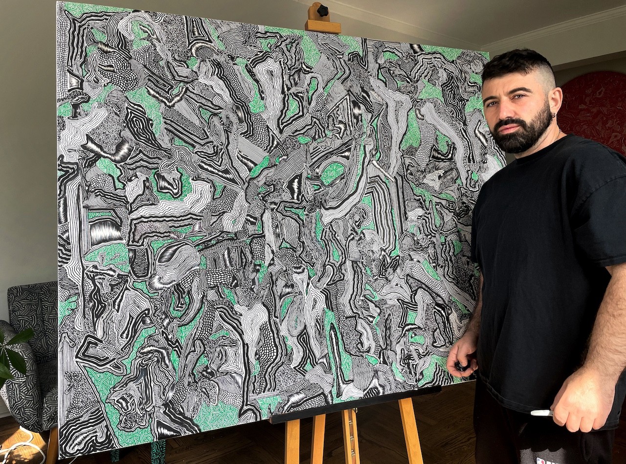 A black and white drawing of a green and black pattern.