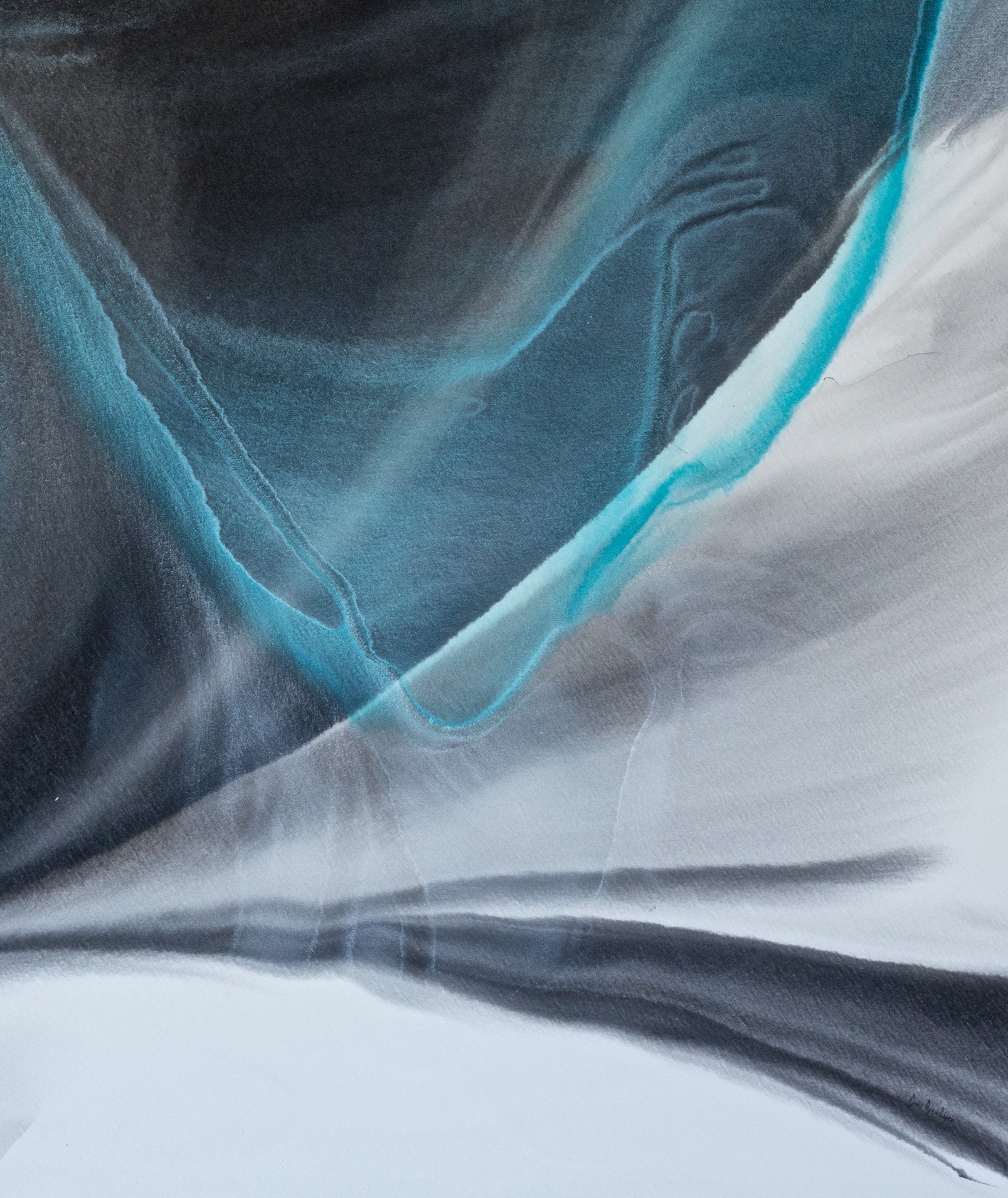 A black and white painting with a blue line in the middle.