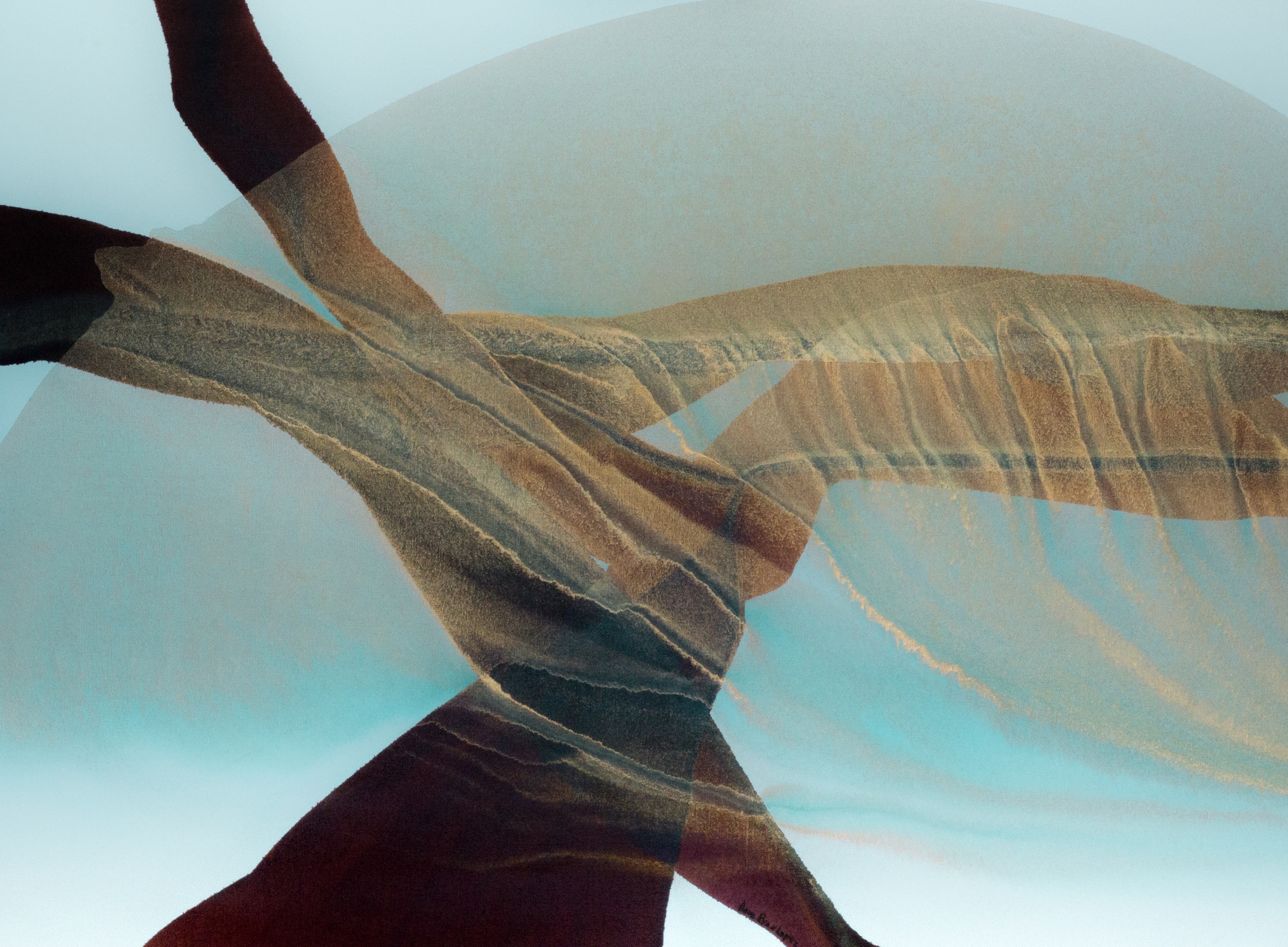 A painting of a bird flying through the air with its wings spread.