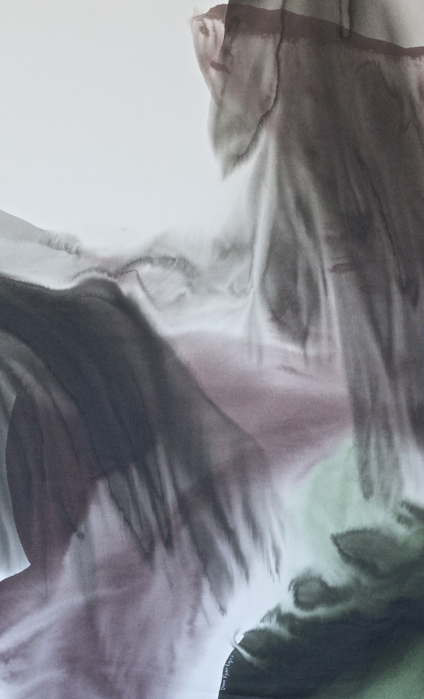 A painting of a woman with long hair blowing in the wind.