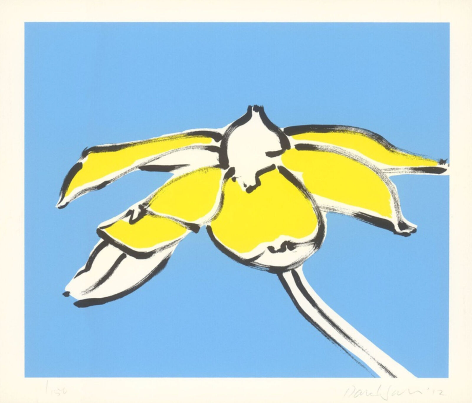 A yellow flower on a blue background. 