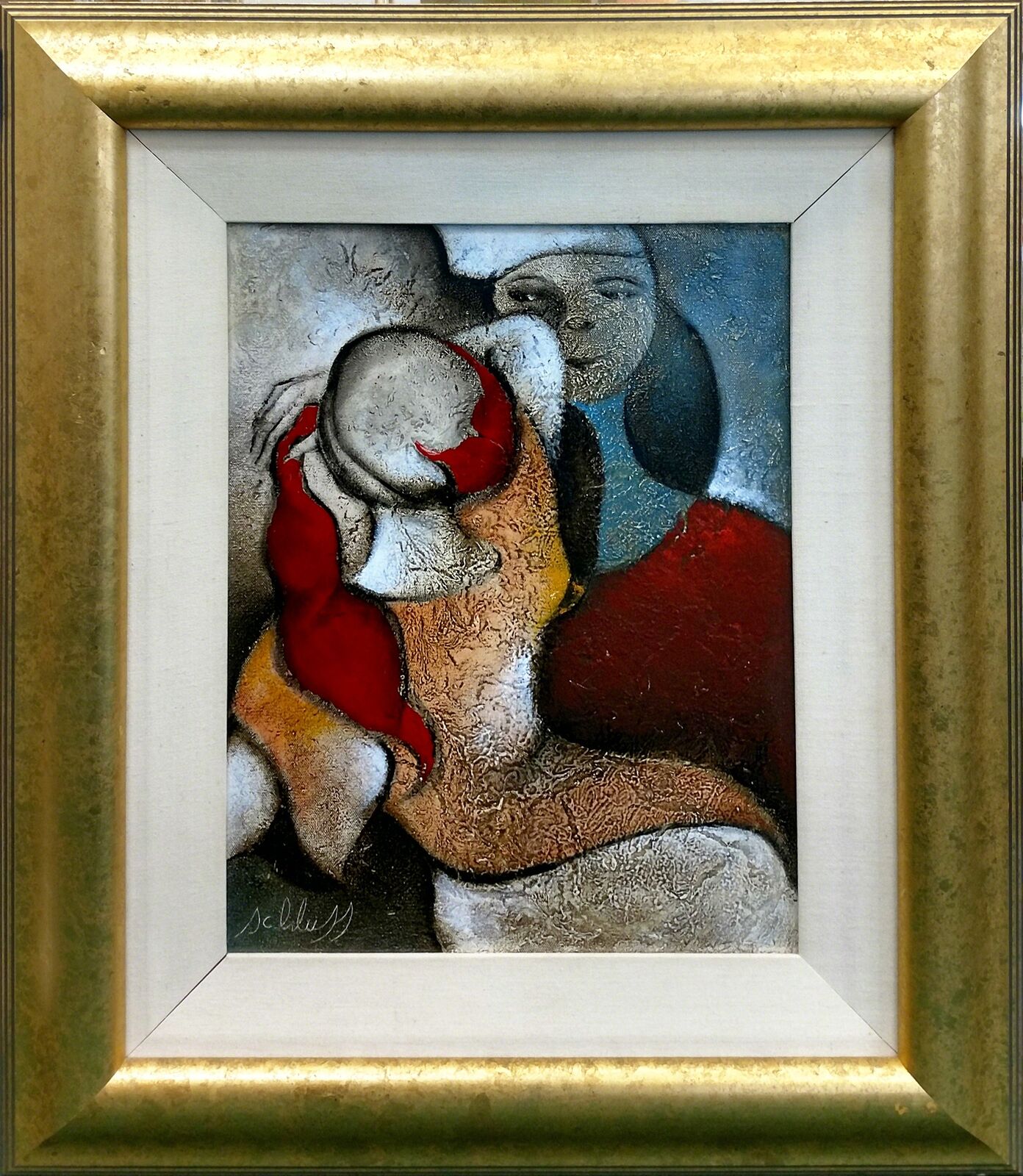 A painting of a woman holding a baby in her arms.