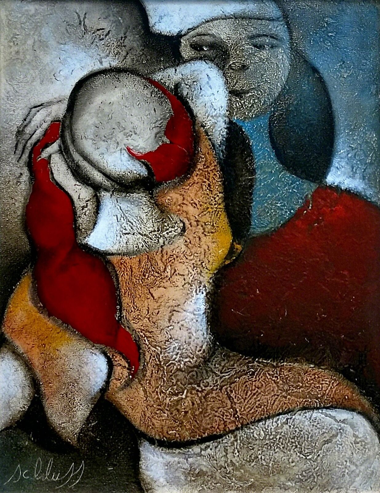 A painting of a woman holding a baby in her arms.