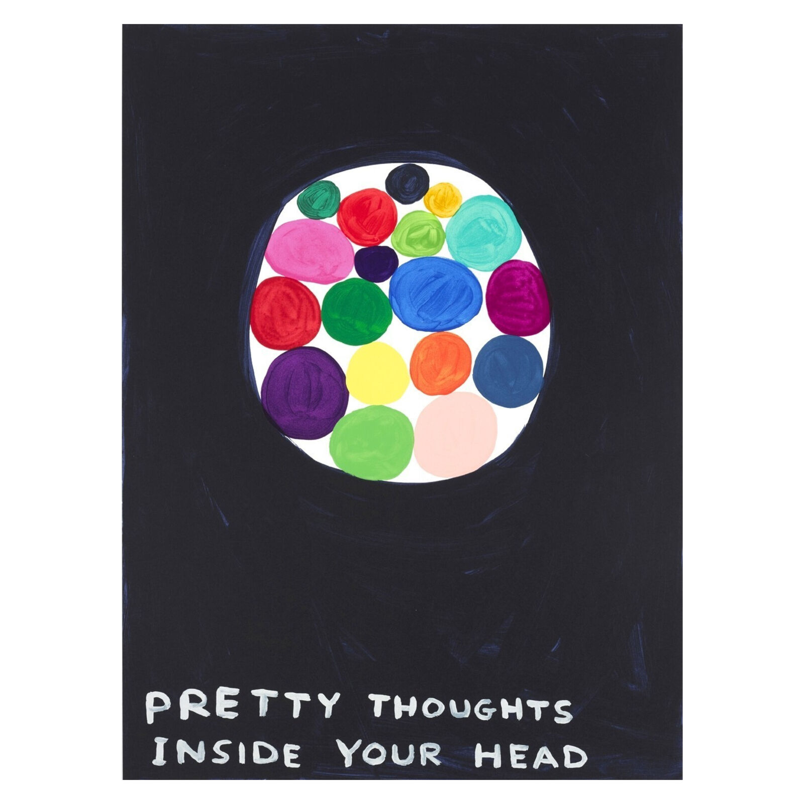 A picture of a painting with the words pretty thoughts inside your head.