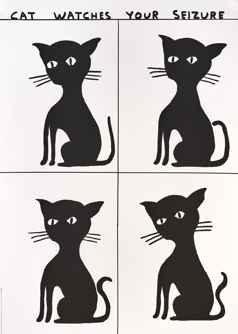 A black cat sitting in four different poses with the words cat watches your seizure.