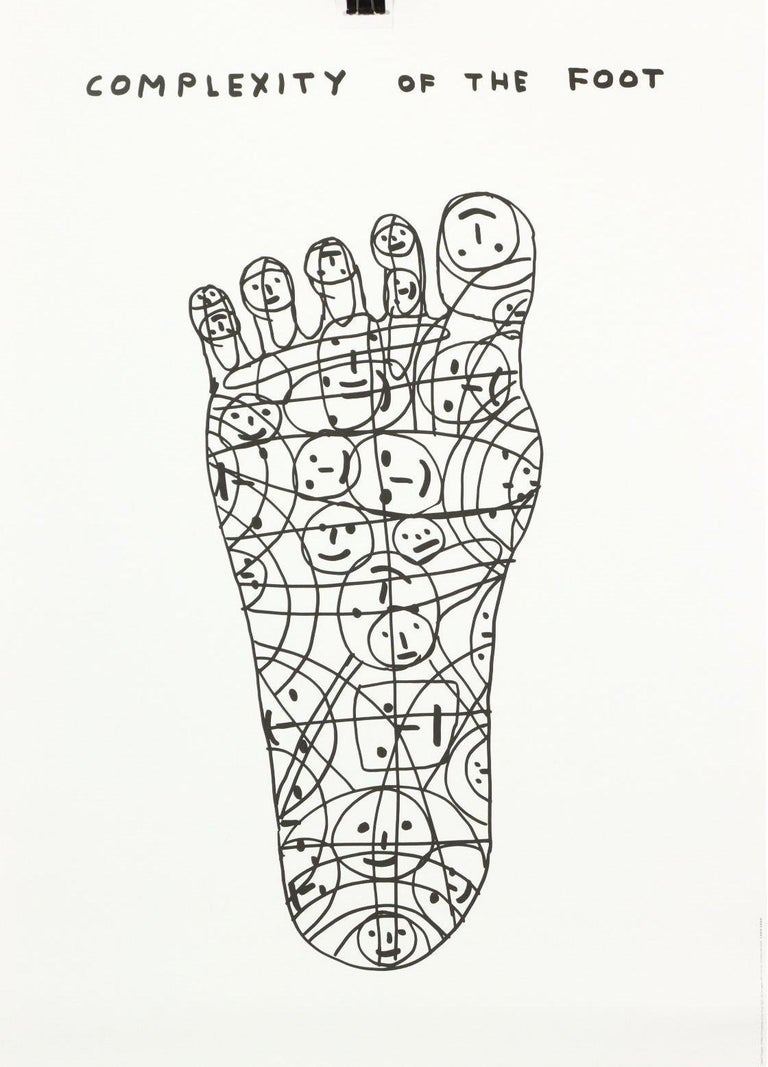 A black-and-white line drawing of a foot filled with numerous small, expressive faces.