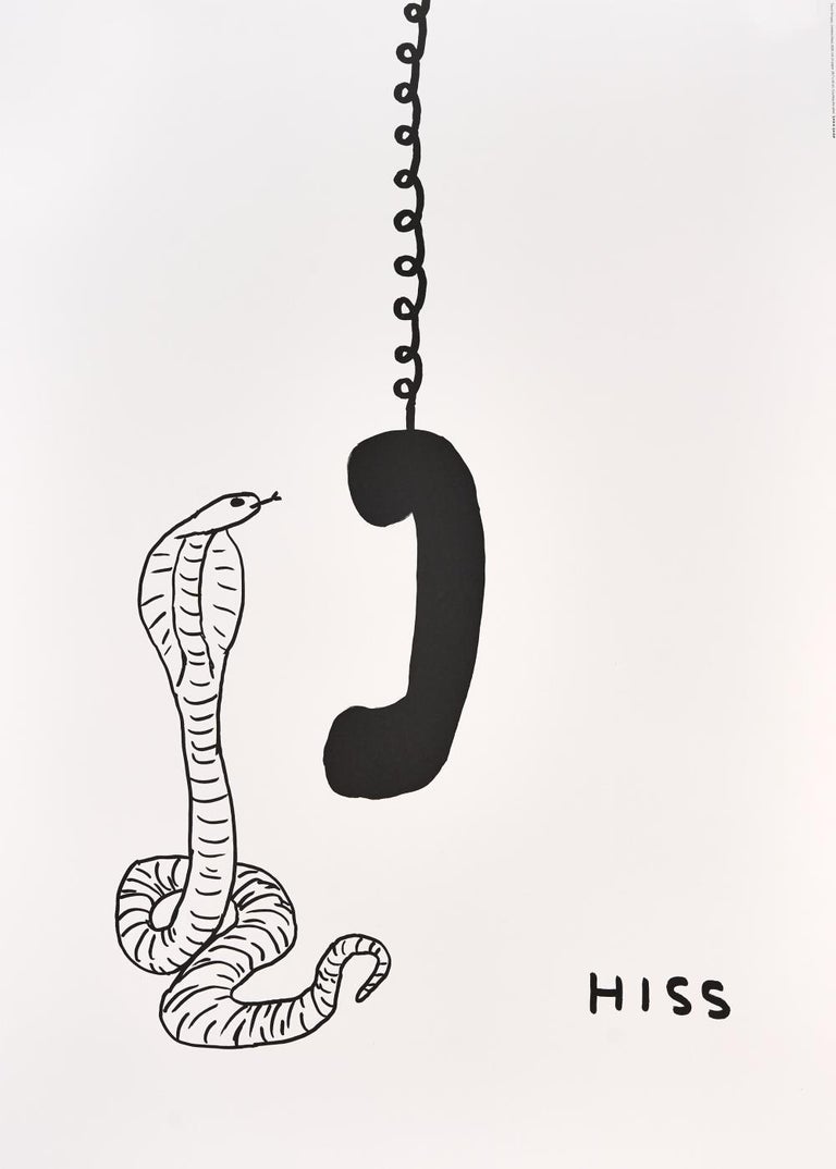 A black and white drawing of a snake hanging from a telephone receiver.